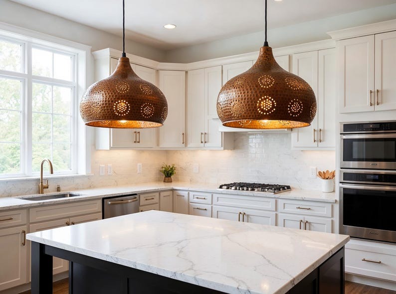 Pierced Hammered Copper Onion Pendant Light, Handmade Moroccan Copper Chandelier, Perforated Kitchen Island Hanging Lamp, Rustic Boho Farmhouse Ceiling Light Fixture