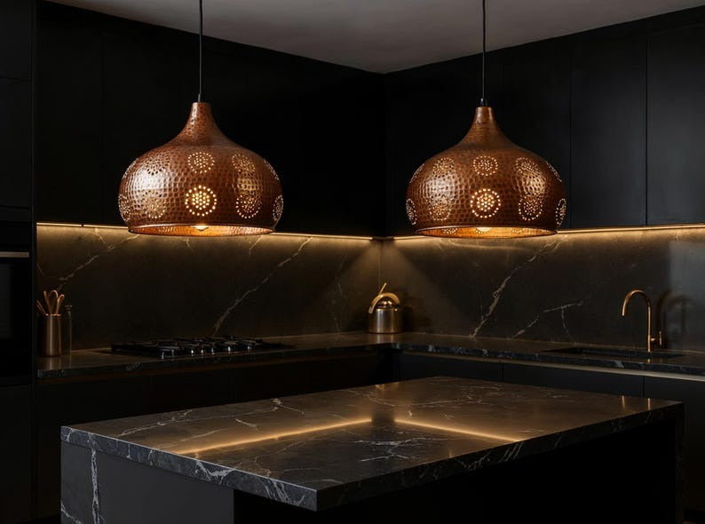 Pierced Hammered Copper Onion Pendant Light, Handmade Moroccan Copper Chandelier, Perforated Kitchen Island Hanging Lamp, Rustic Boho Farmhouse Ceiling Light Fixture