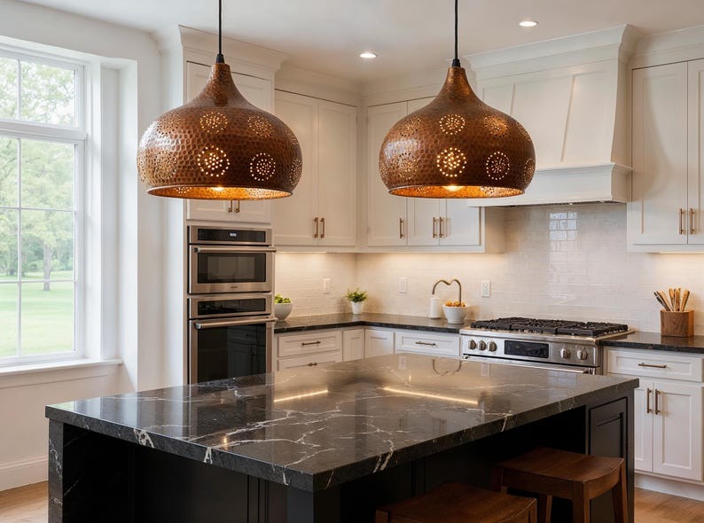 Pierced Hammered Copper Onion Pendant Light, Handmade Moroccan Copper Chandelier, Perforated Kitchen Island Hanging Lamp, Rustic Boho Farmhouse Ceiling Light Fixture
