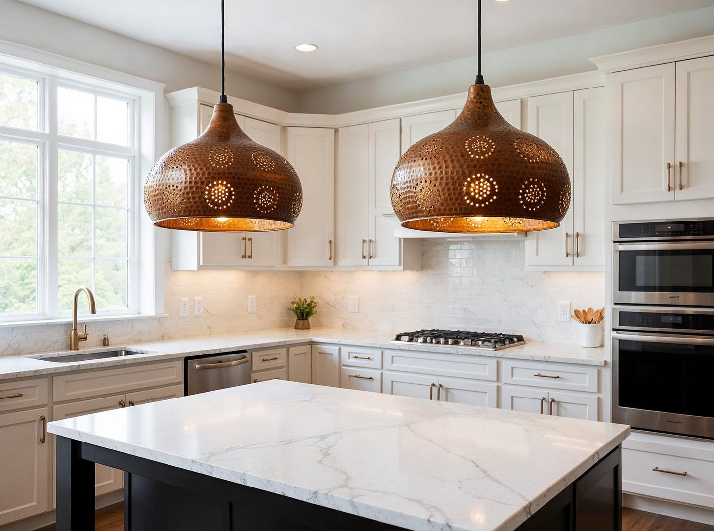Pierced Hammered Copper Onion Pendant Light, Handmade Moroccan Copper Chandelier, Perforated Kitchen Island Hanging Lamp, Rustic Boho Farmhouse Ceiling Light Fixture