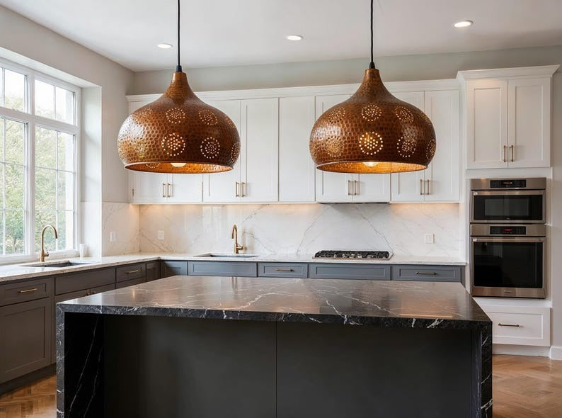 Pierced Hammered Copper Onion Pendant Light, Handmade Moroccan Copper Chandelier, Perforated Kitchen Island Hanging Lamp, Rustic Boho Farmhouse Ceiling Light Fixture