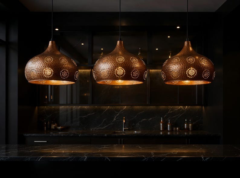 Pierced Hammered Copper Onion Pendant Light, Handmade Moroccan Copper Chandelier, Perforated Kitchen Island Hanging Lamp, Rustic Boho Farmhouse Ceiling Light Fixture