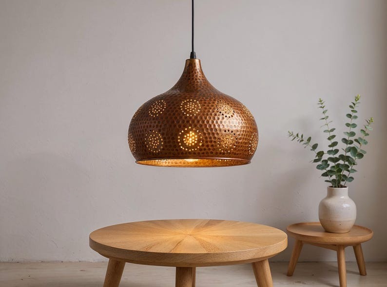 Pierced Hammered Copper Onion Pendant Light, Handmade Moroccan Copper Chandelier, Perforated Kitchen Island Hanging Lamp, Rustic Boho Farmhouse Ceiling Light Fixture