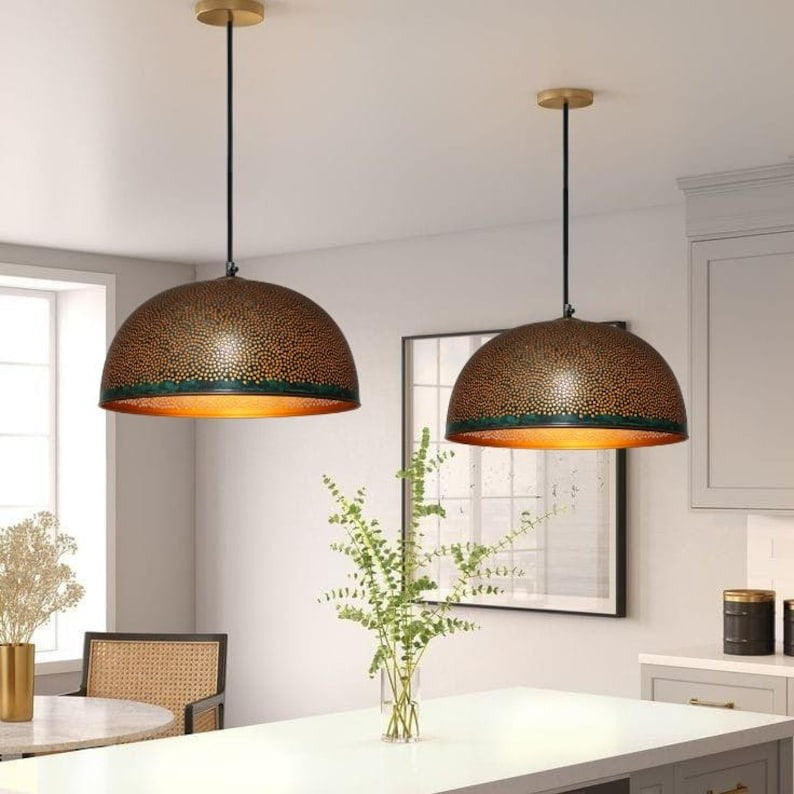 Handmade Perforated Brass Pendant Light – Moroccan Dome Pendant Lamp with Antique Patina Finish for Kitchen Island, Dining Room & Boho Home Décor
