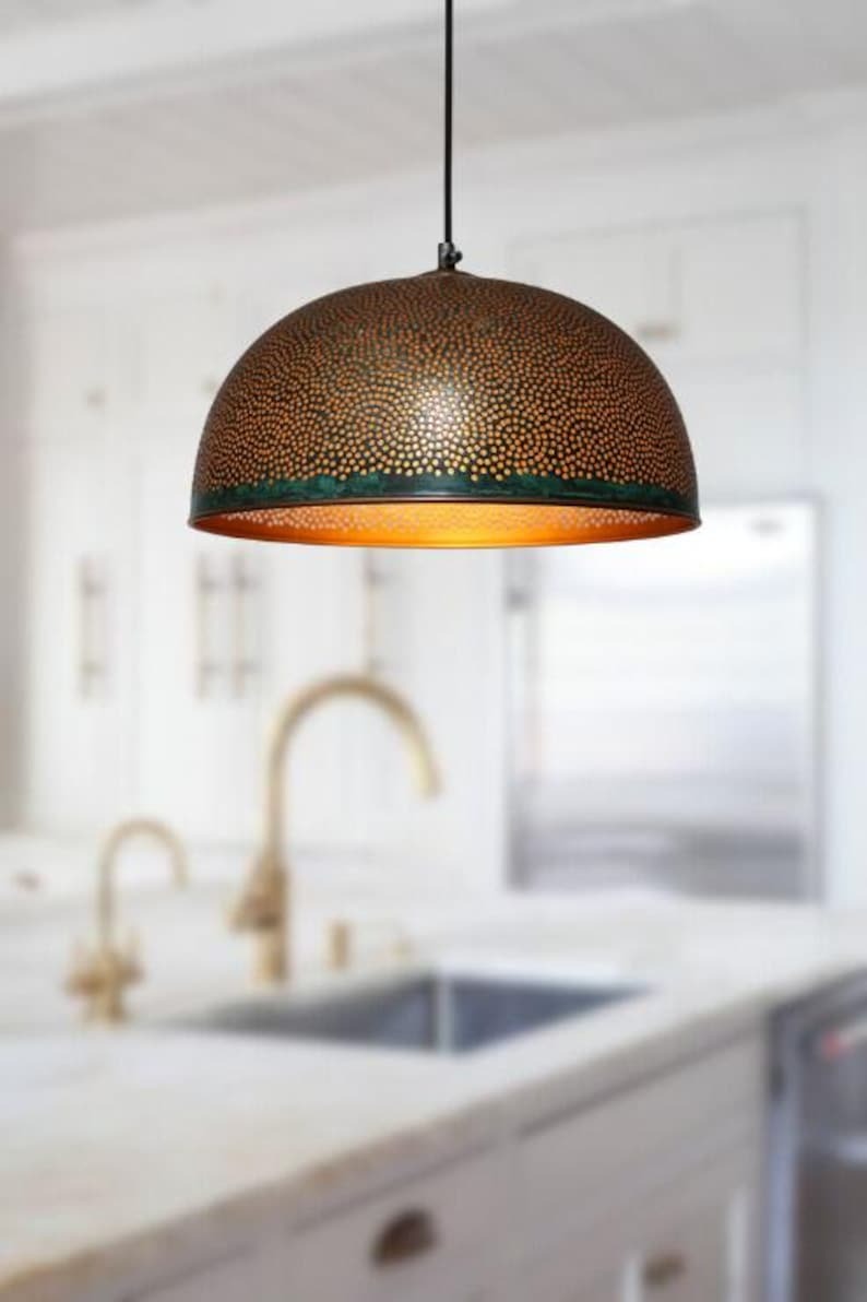 Handmade Perforated Brass Pendant Light – Moroccan Dome Pendant Lamp with Antique Patina Finish for Kitchen Island, Dining Room & Boho Home Décor