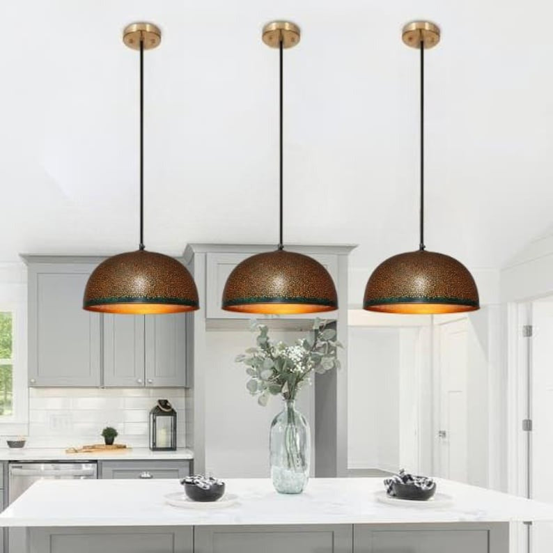 Handmade Perforated Brass Pendant Light – Moroccan Dome Pendant Lamp with Antique Patina Finish for Kitchen Island, Dining Room & Boho Home Décor