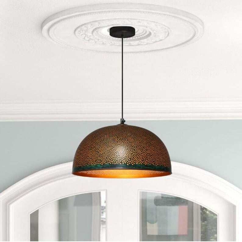 Handmade Perforated Brass Pendant Light – Moroccan Dome Pendant Lamp with Antique Patina Finish for Kitchen Island, Dining Room & Boho Home Décor