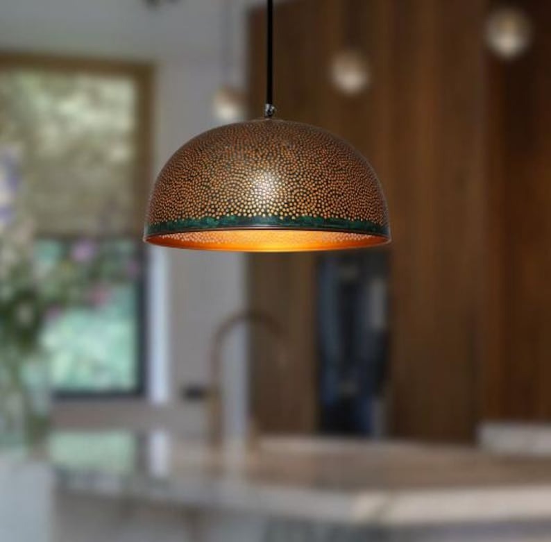 Handmade Perforated Brass Pendant Light – Moroccan Dome Pendant Lamp with Antique Patina Finish for Kitchen Island, Dining Room & Boho Home Décor