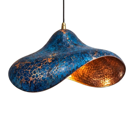 Handmade Moroccan Brass Sculptural Pendant Light – Blue Verdigris Patina Hanging Lamp with Hammered Copper Interior, Modern Organic Ceiling Light for Kitchen Island, Dining Room & Living Room