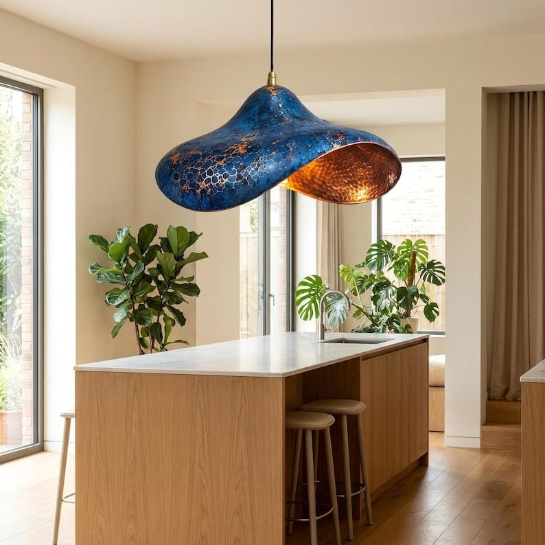 Handmade Moroccan Brass Sculptural Pendant Light – Blue Verdigris Patina Hanging Lamp with Hammered Copper Interior, Modern Organic Ceiling Light for Kitchen Island, Dining Room & Living Room