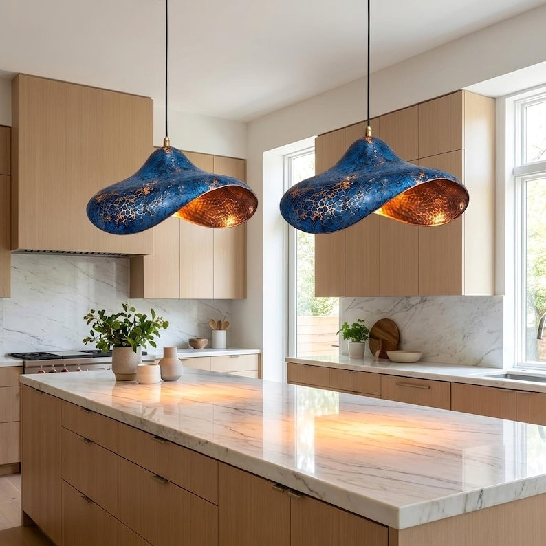 Handmade Moroccan Brass Sculptural Pendant Light – Blue Verdigris Patina Hanging Lamp with Hammered Copper Interior, Modern Organic Ceiling Light for Kitchen Island, Dining Room & Living Room