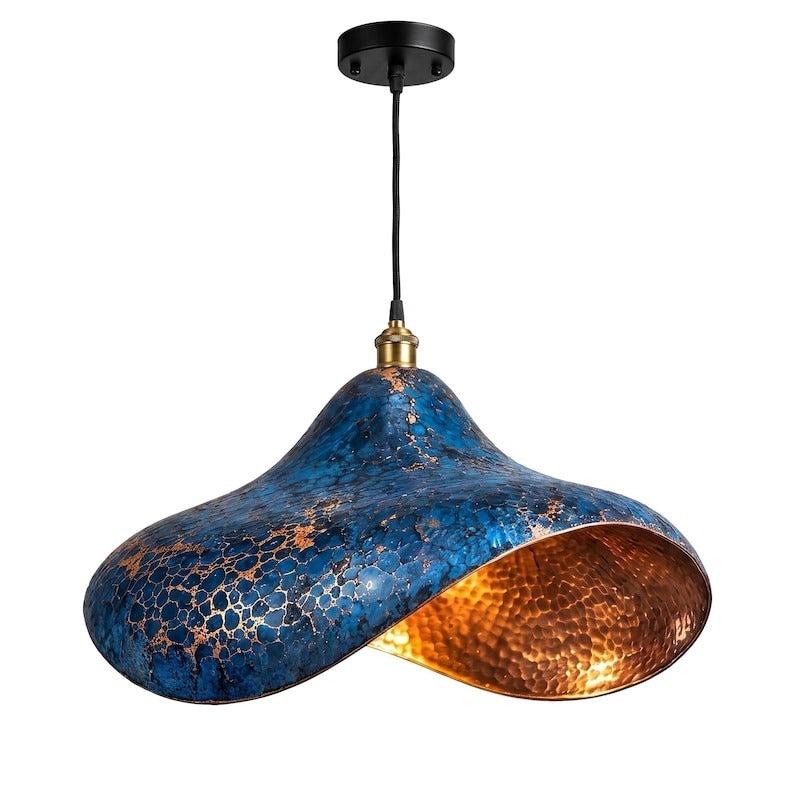 Handmade Moroccan Brass Sculptural Pendant Light – Blue Verdigris Patina Hanging Lamp with Hammered Copper Interior, Modern Organic Ceiling Light for Kitchen Island, Dining Room & Living Room