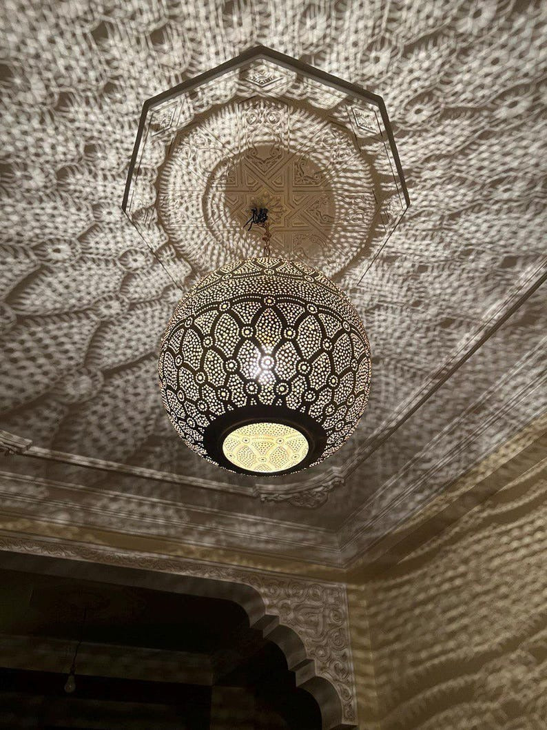 Handmade Brass Moroccan Globe Pendant Light – Black Pierced Brass Hanging Lamp, Boho Shadow Ceiling Light, Artisan Moroccan Lantern Pendant Fixture