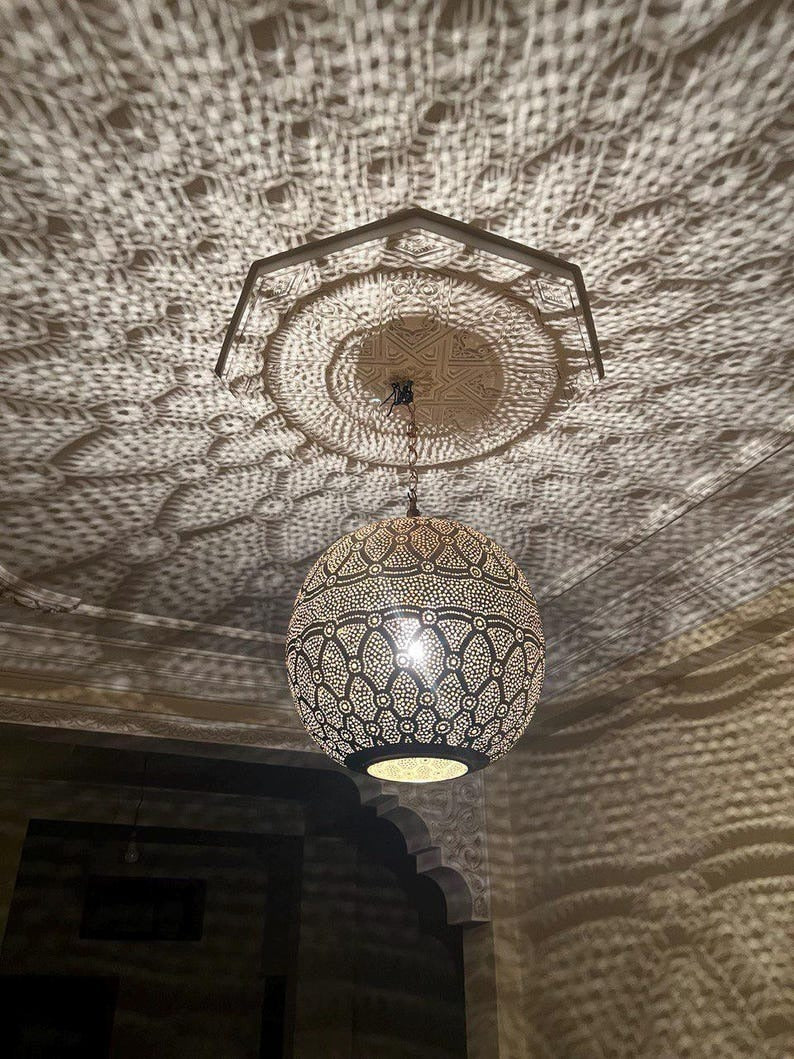 Handmade Brass Moroccan Globe Pendant Light – Black Pierced Brass Hanging Lamp, Boho Shadow Ceiling Light, Artisan Moroccan Lantern Pendant Fixture