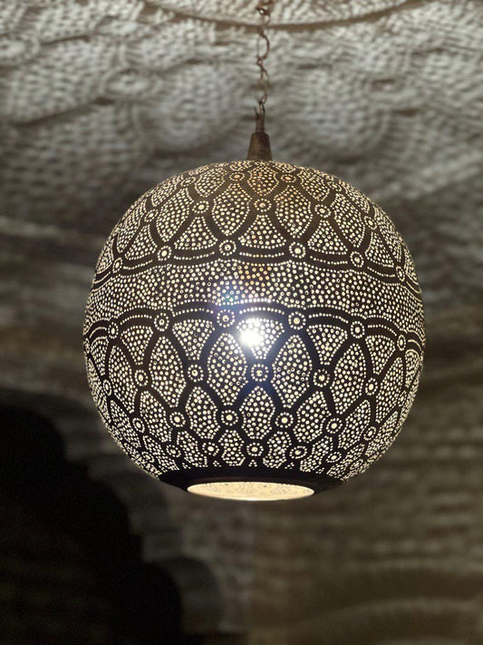 Handmade Brass Moroccan Globe Pendant Light – Black Pierced Brass Hanging Lamp, Boho Shadow Ceiling Light, Artisan Moroccan Lantern Pendant Fixture