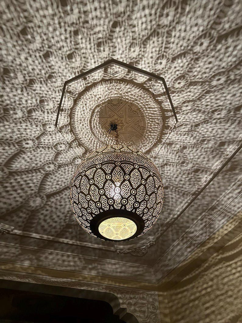 Handmade Brass Moroccan Globe Pendant Light – Black Pierced Brass Hanging Lamp, Boho Shadow Ceiling Light, Artisan Moroccan Lantern Pendant Fixture