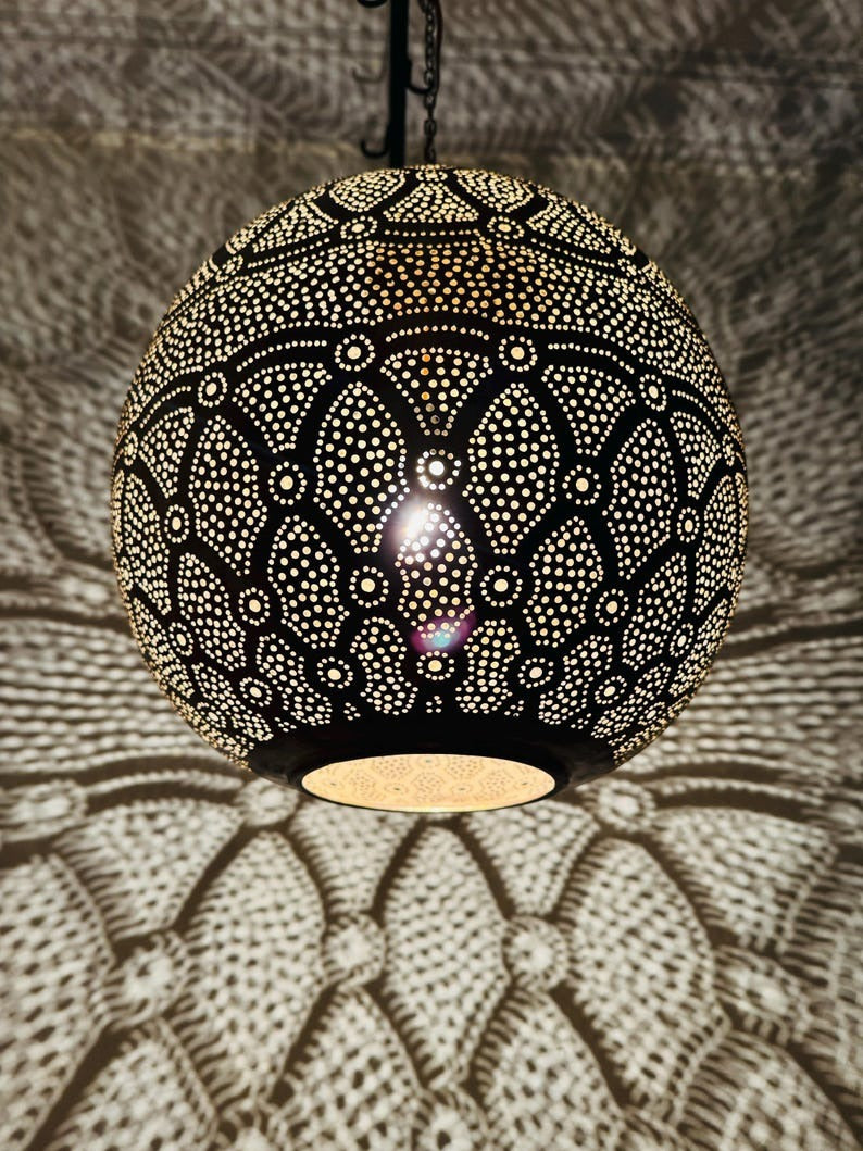Moroccan Pierced Globe Pendant Light, Handmade Moorish Filigree Hanging Lamp, Boho Arabic Shadow Chandelier, Rustic Metal Ceiling Light Fixture
