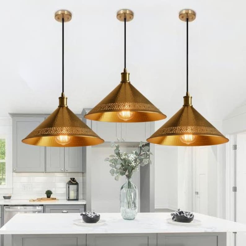 Handmade Green Patina Brass Pendant Light – Moroccan Dome Hanging Lamp with Brass Bands for Kitchen Island, Dining Room & Boho Home Décor