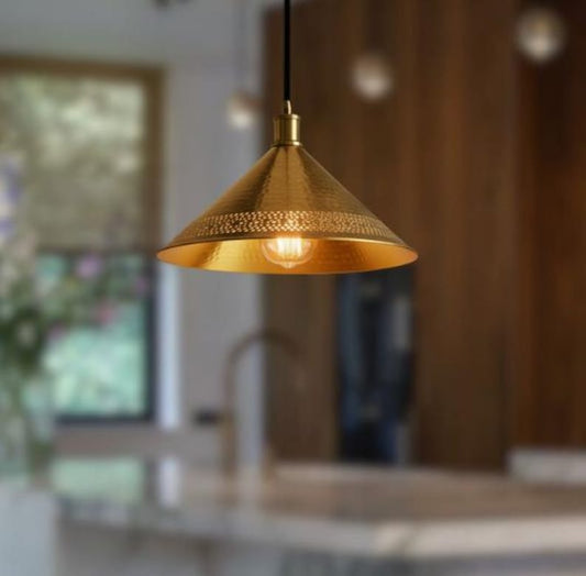 Handmade Green Patina Brass Pendant Light – Moroccan Dome Hanging Lamp with Brass Bands for Kitchen Island, Dining Room & Boho Home Décor