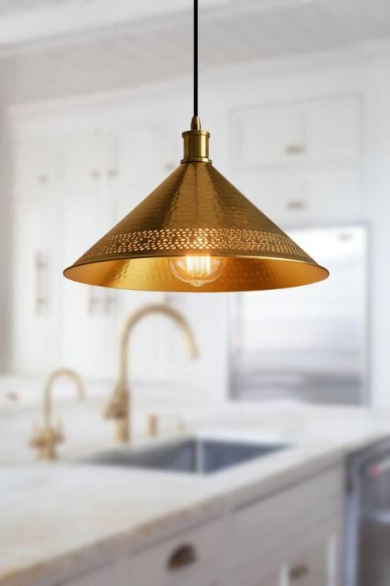 Handmade Green Patina Brass Pendant Light – Moroccan Dome Hanging Lamp with Brass Bands for Kitchen Island, Dining Room & Boho Home Décor