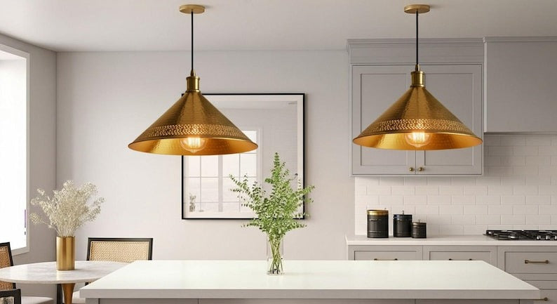 Handmade Green Patina Brass Pendant Light – Moroccan Dome Hanging Lamp with Brass Bands for Kitchen Island, Dining Room & Boho Home Décor