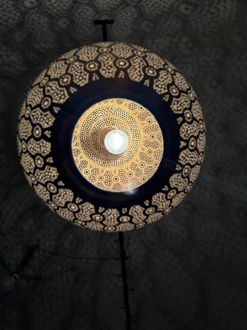 Moroccan Pierced Globe Pendant Light, Handmade Moorish Filigree Hanging Lamp, Boho Arabic Shadow Chandelier, Rustic Metal Ceiling Light Fixture