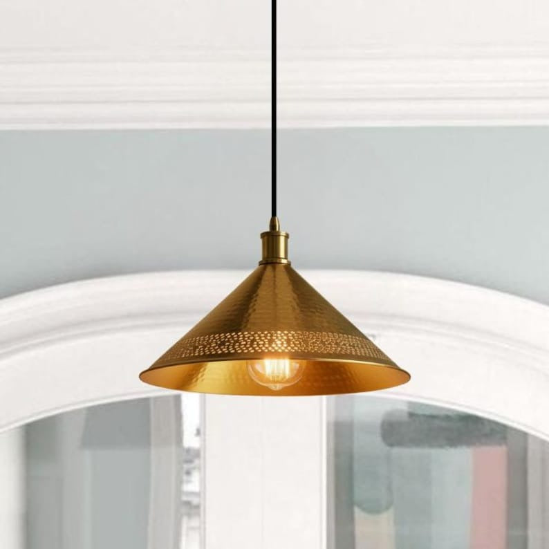 Handmade Green Patina Brass Pendant Light – Moroccan Dome Hanging Lamp with Brass Bands for Kitchen Island, Dining Room & Boho Home Décor
