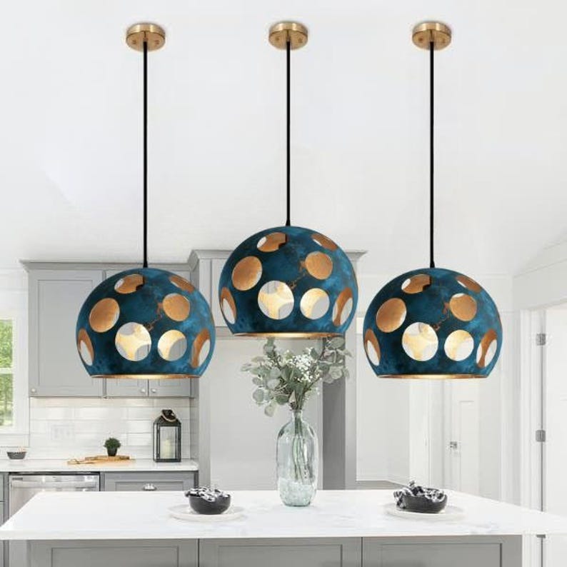 Handmade Blue Patina Brass Pendant Light – Moroccan Dome Pendant Lamp with Large Round Cutouts for Kitchen Island, Dining Room & Boho Home Décor