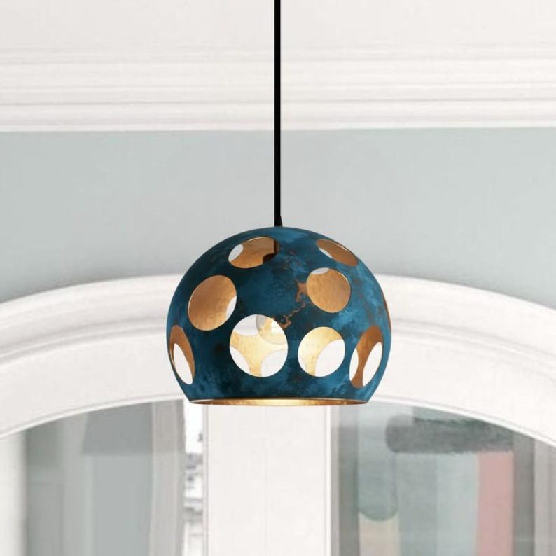 Handmade Blue Patina Brass Pendant Light – Moroccan Dome Pendant Lamp with Large Round Cutouts for Kitchen Island, Dining Room & Boho Home Décor