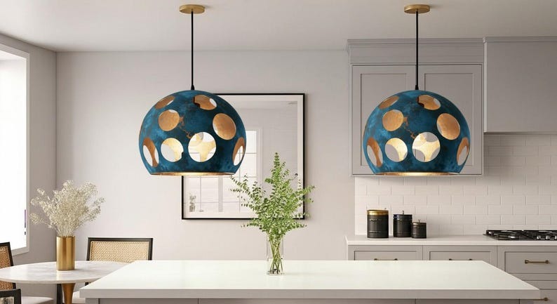 Handmade Blue Patina Brass Pendant Light – Moroccan Dome Pendant Lamp with Large Round Cutouts for Kitchen Island, Dining Room & Boho Home Décor