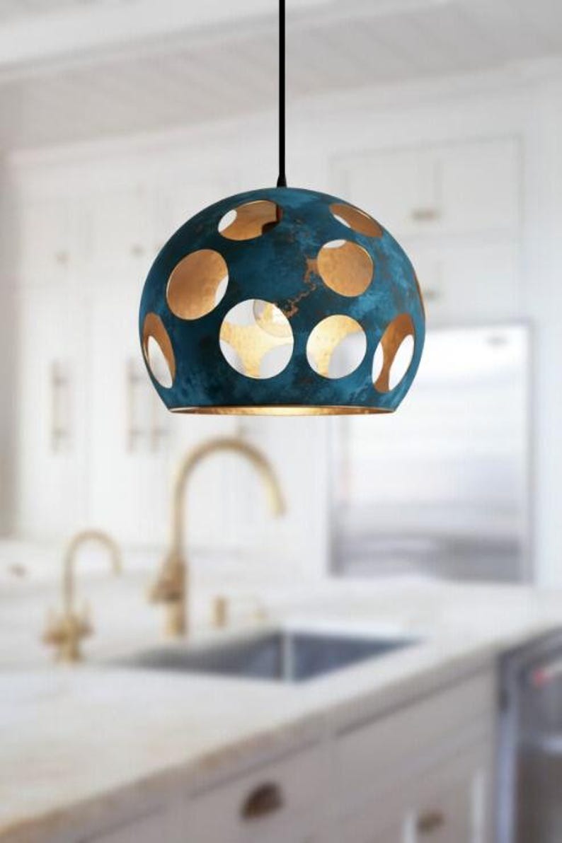 Handmade Blue Patina Brass Pendant Light – Moroccan Dome Pendant Lamp with Large Round Cutouts for Kitchen Island, Dining Room & Boho Home Décor