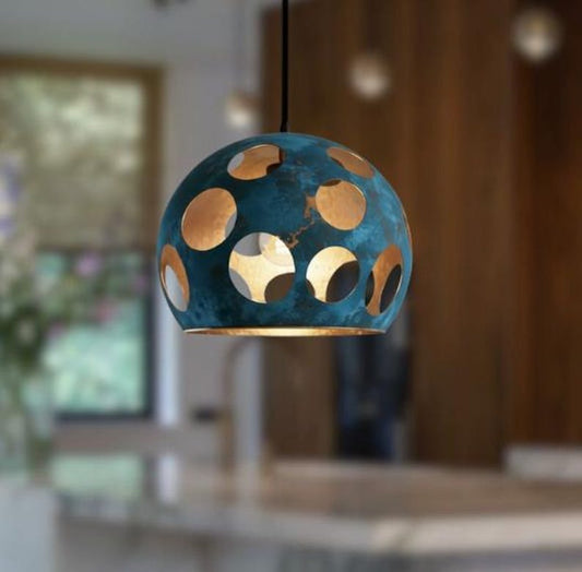 Handmade Blue Patina Brass Pendant Light – Moroccan Dome Pendant Lamp with Large Round Cutouts for Kitchen Island, Dining Room & Boho Home Décor