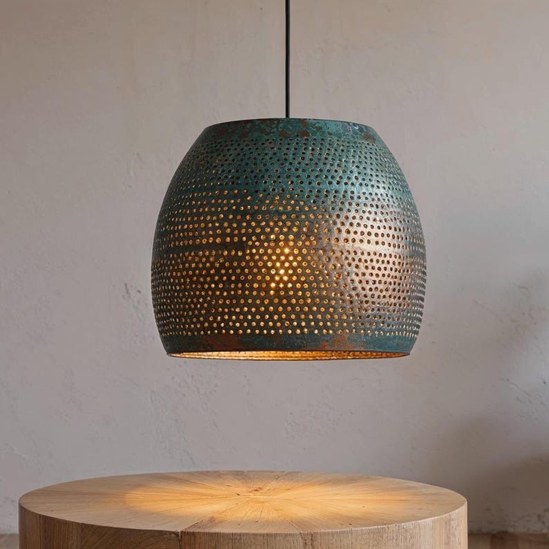 Perforated Green Patina Copper Drum Pendant Light, Handmade Moroccan Verdigris Copper Chandelier, Pierced Kitchen Island Hanging Lamp, Rustic Boho Farmhouse Ceiling Light Fixture