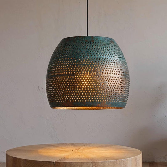 Perforated Green Patina Copper Drum Pendant Light, Handmade Moroccan Verdigris Copper Chandelier, Pierced Kitchen Island Hanging Lamp, Rustic Boho Farmhouse Ceiling Light Fixture