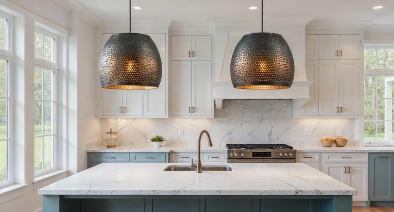 Perforated Green Patina Copper Drum Pendant Light, Handmade Moroccan Verdigris Copper Chandelier, Pierced Kitchen Island Hanging Lamp, Rustic Boho Farmhouse Ceiling Light Fixture