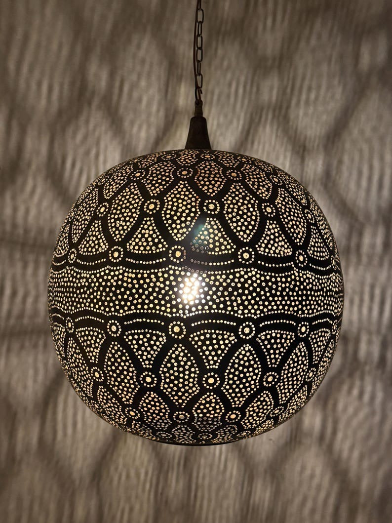 Moroccan Pierced Globe Pendant Light, Handmade Moorish Filigree Hanging Lamp, Boho Arabic Shadow Chandelier, Rustic Metal Ceiling Light Fixture