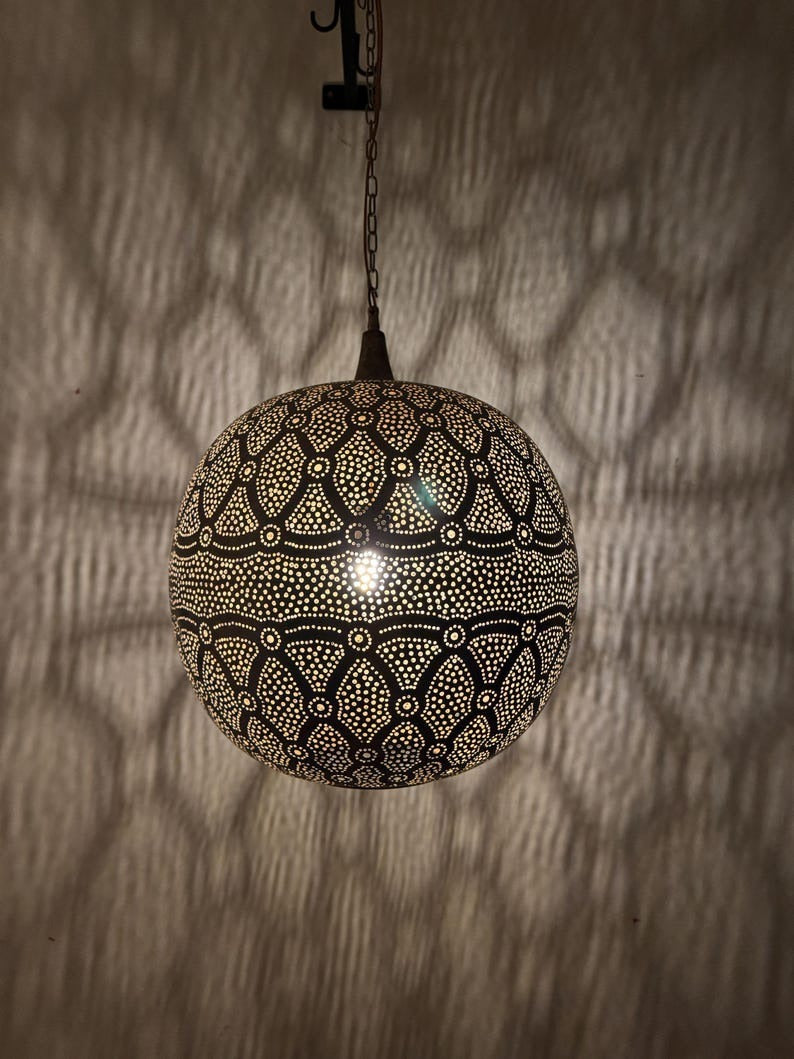 Moroccan Pierced Globe Pendant Light, Handmade Moorish Filigree Hanging Lamp, Boho Arabic Shadow Chandelier, Rustic Metal Ceiling Light Fixture