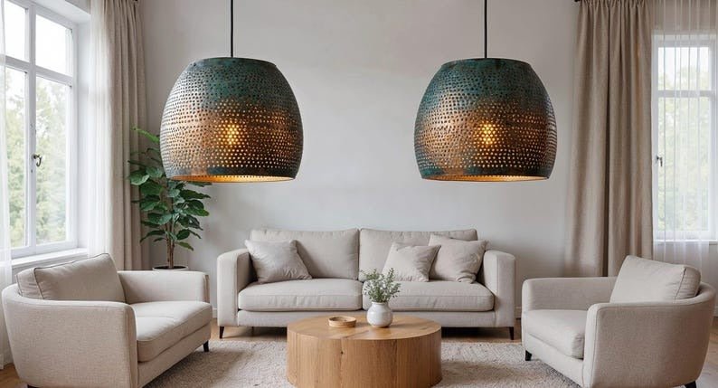 Perforated Green Patina Copper Drum Pendant Light, Handmade Moroccan Verdigris Copper Chandelier, Pierced Kitchen Island Hanging Lamp, Rustic Boho Farmhouse Ceiling Light Fixture