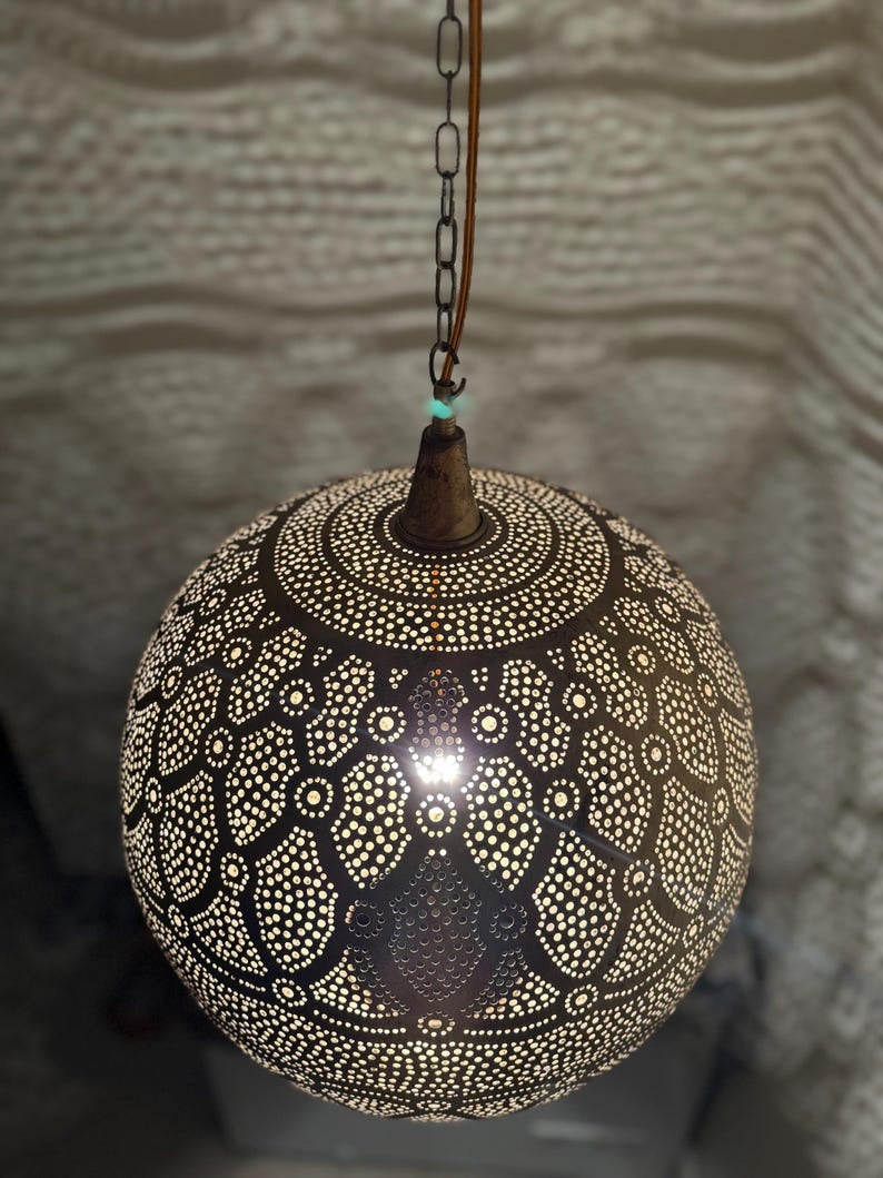 Moroccan Pierced Globe Pendant Light, Handmade Moorish Filigree Hanging Lamp, Boho Arabic Shadow Chandelier, Rustic Metal Ceiling Light Fixture