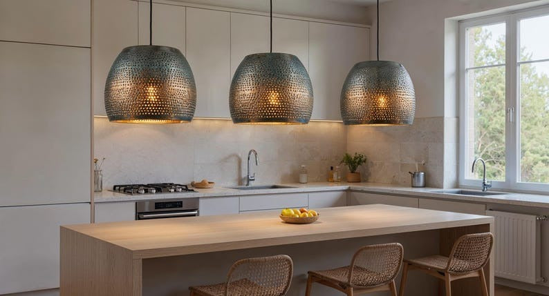 Perforated Green Patina Copper Drum Pendant Light, Handmade Moroccan Verdigris Copper Chandelier, Pierced Kitchen Island Hanging Lamp, Rustic Boho Farmhouse Ceiling Light Fixture