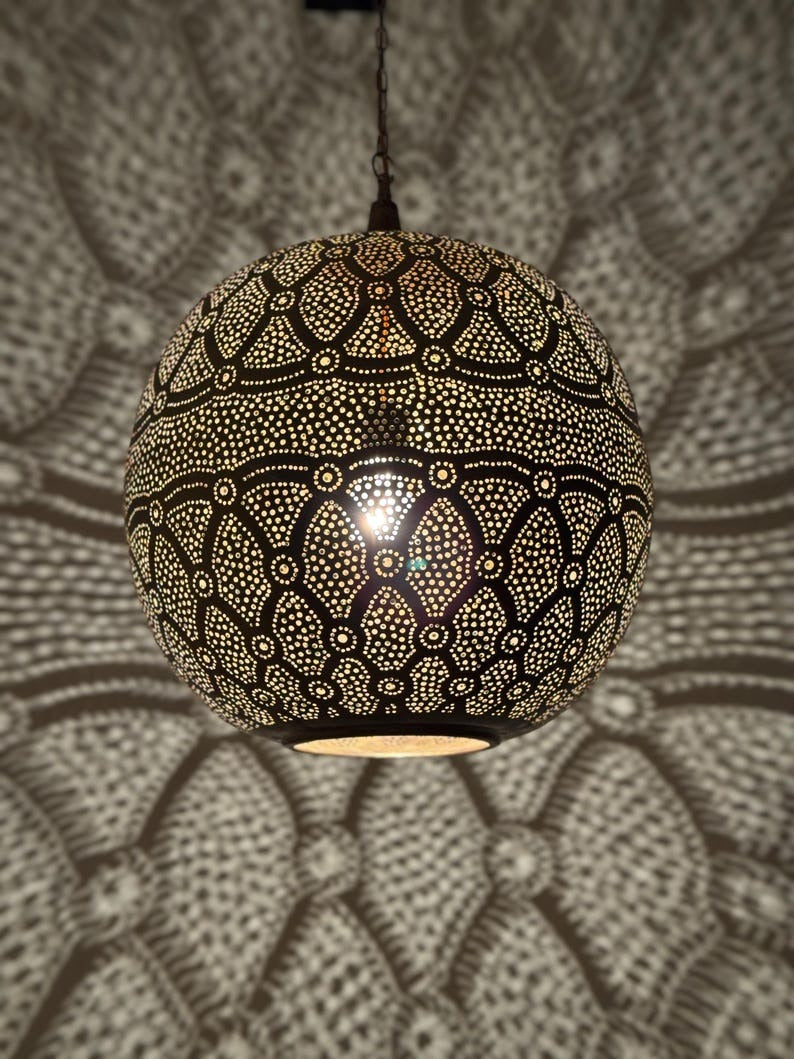 Moroccan Pierced Globe Pendant Light, Handmade Moorish Filigree Hanging Lamp, Boho Arabic Shadow Chandelier, Rustic Metal Ceiling Light Fixture