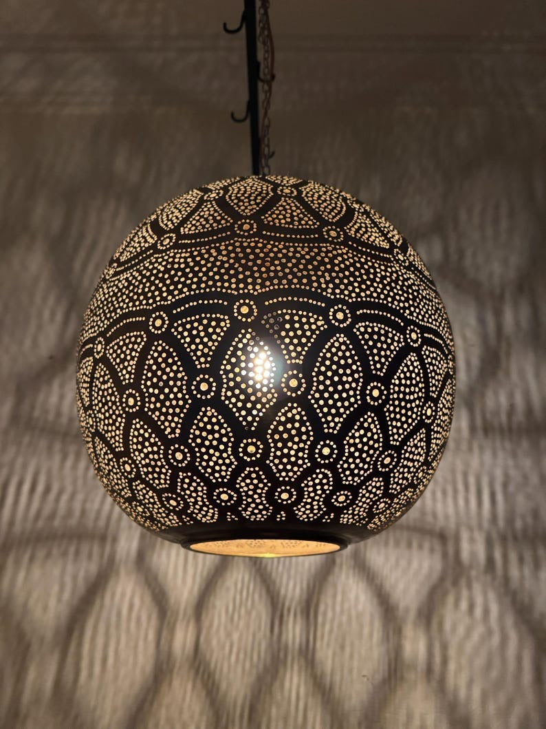 Moroccan Pierced Globe Pendant Light, Handmade Moorish Filigree Hanging Lamp, Boho Arabic Shadow Chandelier, Rustic Metal Ceiling Light Fixture