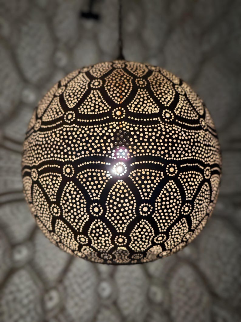 Moroccan Pierced Globe Pendant Light, Handmade Moorish Filigree Hanging Lamp, Boho Arabic Shadow Chandelier, Rustic Metal Ceiling Light Fixture