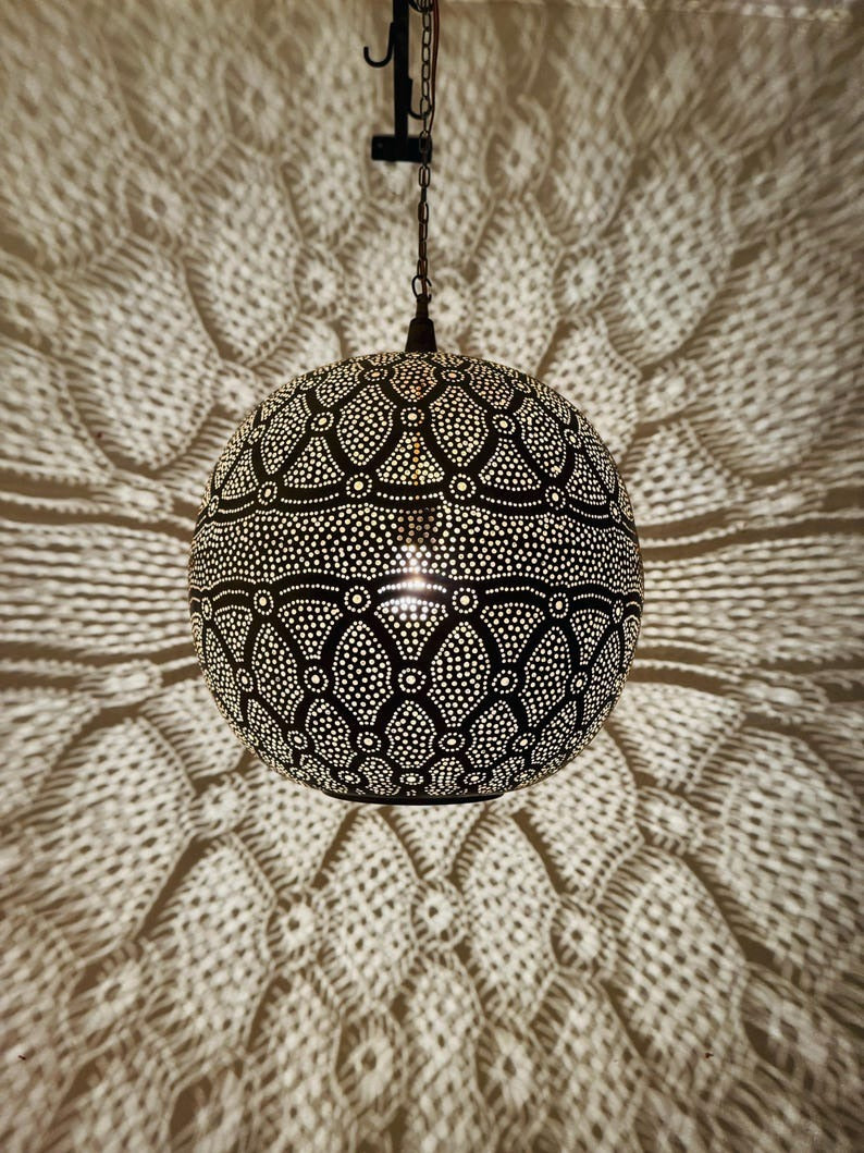Moroccan Pierced Globe Pendant Light, Handmade Moorish Filigree Hanging Lamp, Boho Arabic Shadow Chandelier, Rustic Metal Ceiling Light Fixture