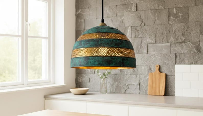 Handmade Green Patina Brass Pendant Light – Moroccan Dome Hanging Lamp with Brass Bands for Kitchen Island, Dining Room & Boho Home Décor