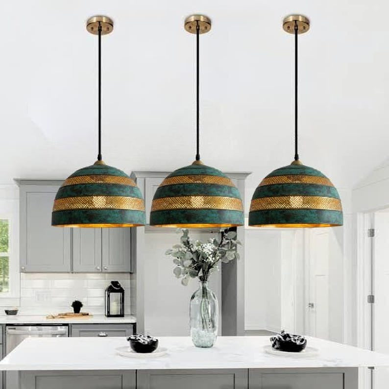 Handmade Green Patina Brass Pendant Light – Moroccan Dome Hanging Lamp with Brass Bands for Kitchen Island, Dining Room & Boho Home Décor