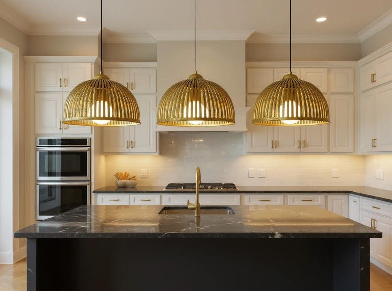 Ribbed Brass Cage Dome Pendant Light, Handmade Moroccan Slatted Gold Brass Chandelier, Rustic Kitchen Island Hanging Lamp, Boho Farmhouse Dining Room Ceiling Light Fixture