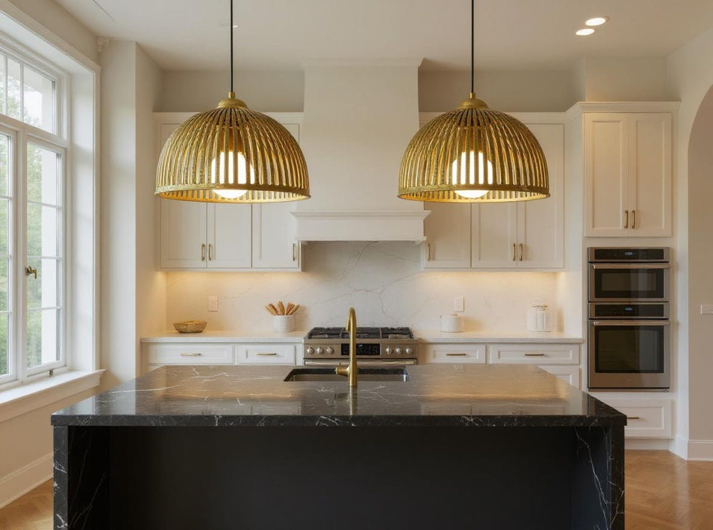 Ribbed Brass Cage Dome Pendant Light, Handmade Moroccan Slatted Gold Brass Chandelier, Rustic Kitchen Island Hanging Lamp, Boho Farmhouse Dining Room Ceiling Light Fixture