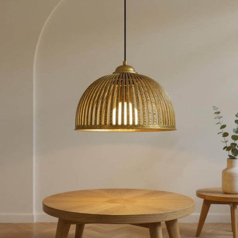 Ribbed Brass Cage Dome Pendant Light, Handmade Moroccan Slatted Gold Brass Chandelier, Rustic Kitchen Island Hanging Lamp, Boho Farmhouse Dining Room Ceiling Light Fixture