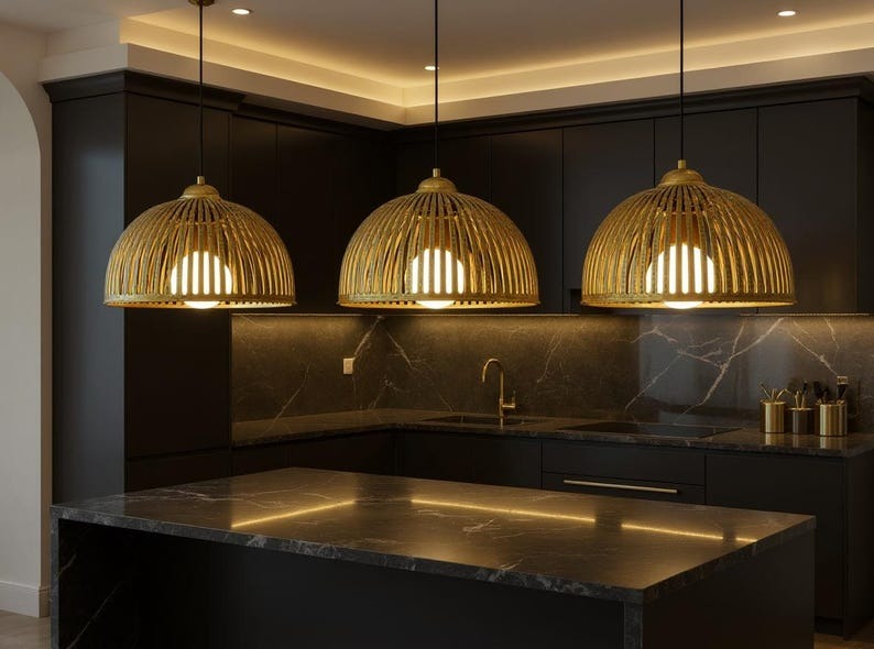 Ribbed Brass Cage Dome Pendant Light, Handmade Moroccan Slatted Gold Brass Chandelier, Rustic Kitchen Island Hanging Lamp, Boho Farmhouse Dining Room Ceiling Light Fixture